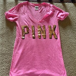PINK Victoria's Secret Hot Pink V-Neck Tee with Gold Sequin Logo